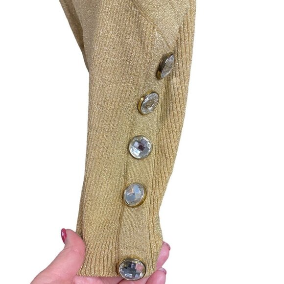 Cable and Gauge Gold Metallic V Neck Faux Wrap Clear Stone Detail Pullover Top - Picture 4 of 10